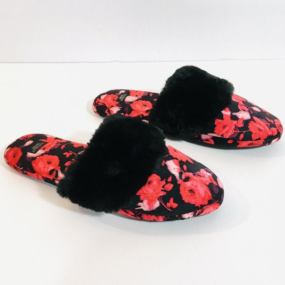 Victorias Secret Sz M Satin Floral Faux Fur Cozy Slides